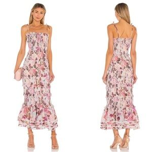 V. Chapman Size 6 Geranium Smocked Tiered Floral Ruffle Midi Dress Garden Rose